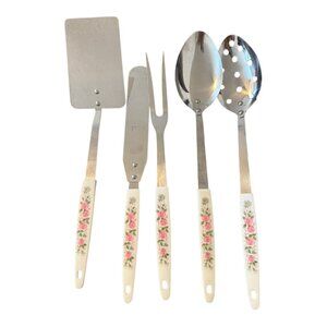 5 PC MID CENTURY KITCHEN UTENSILS DECORATED HANDLE PEACH BLOSSOM STAINLESS Set